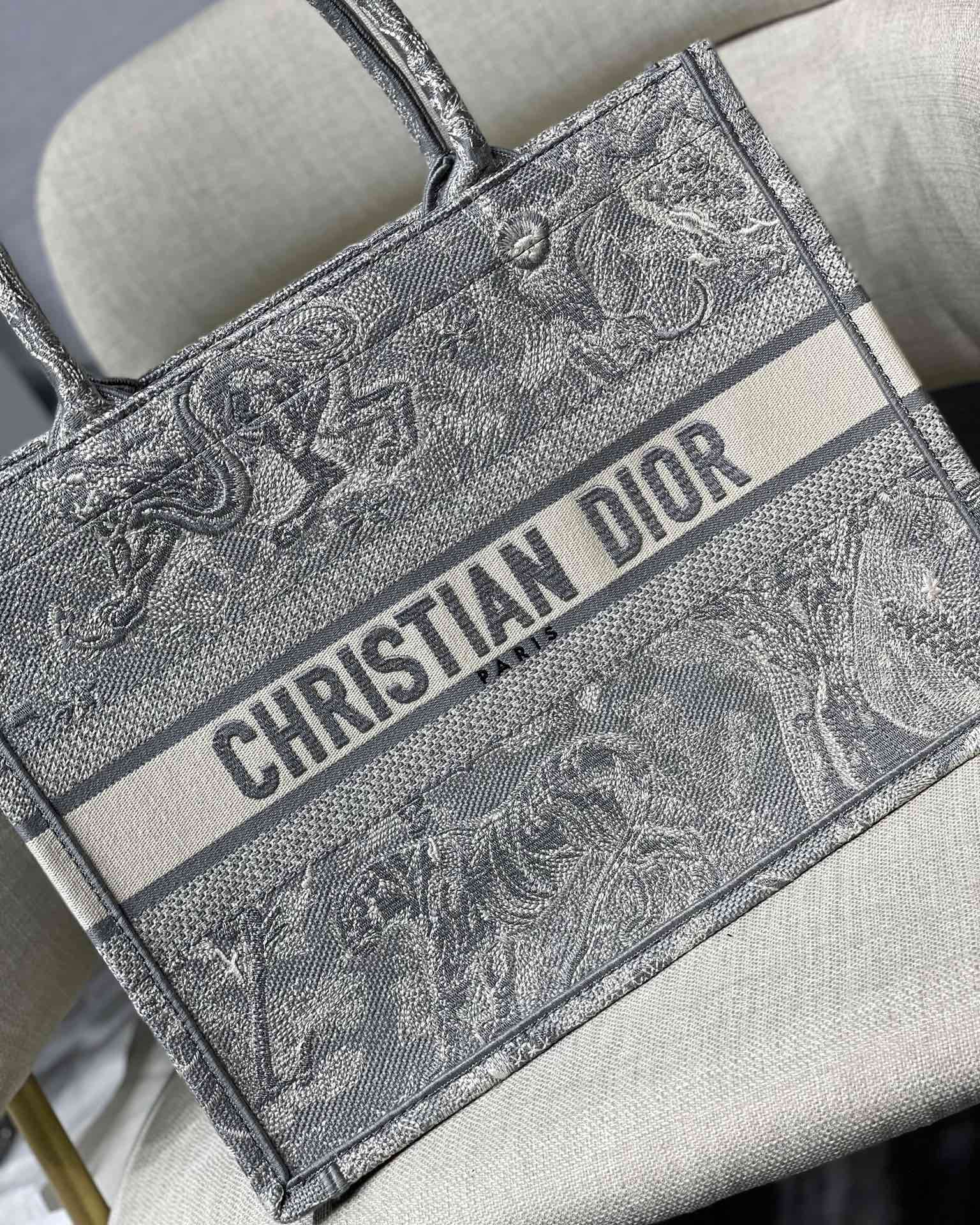Dior Small Book Tote Bag in Grey Tiger Embroidery - Image 8
