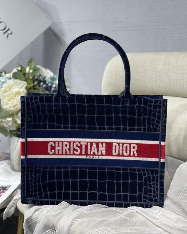 Dior Large Tote Small in Velvet Blue Crocodile Pattern