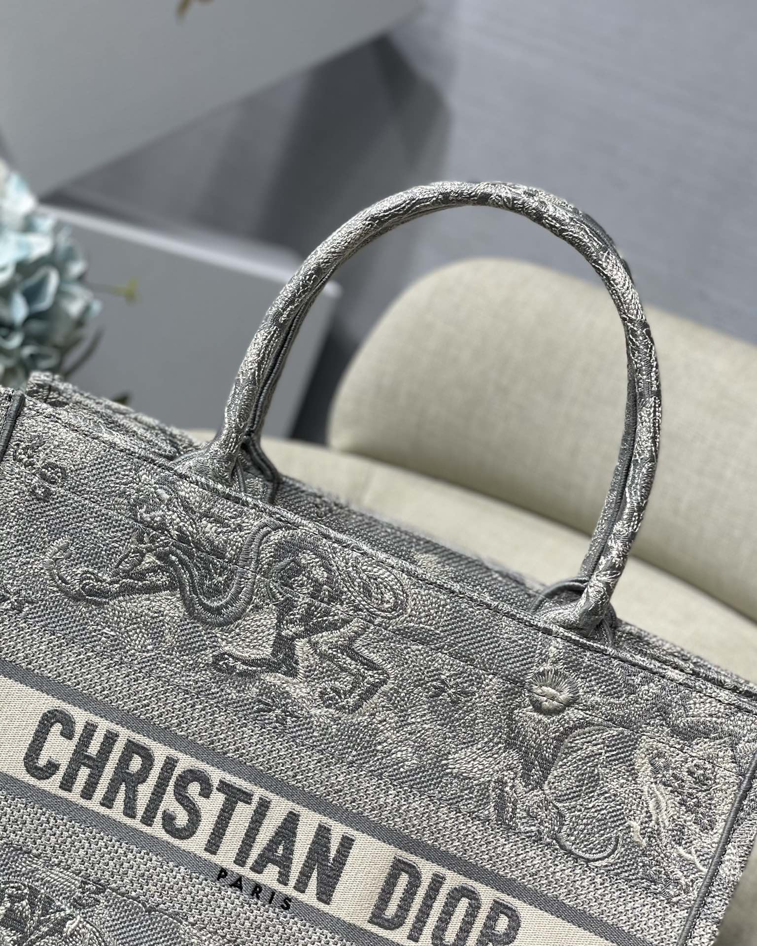 Dior Small Book Tote Bag in Grey Tiger Embroidery - Image 7