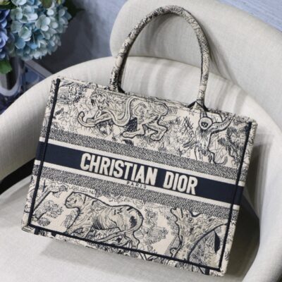 Dior Small Book Tote Bag in Black&White Tiger Embroidery