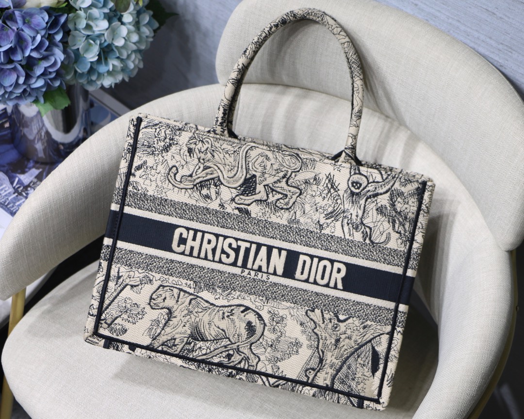 Dior Small Book Tote Bag in Black&White Tiger Embroidery