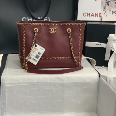 Chanel Small Leather Chain Shopping Bag in Burgundy