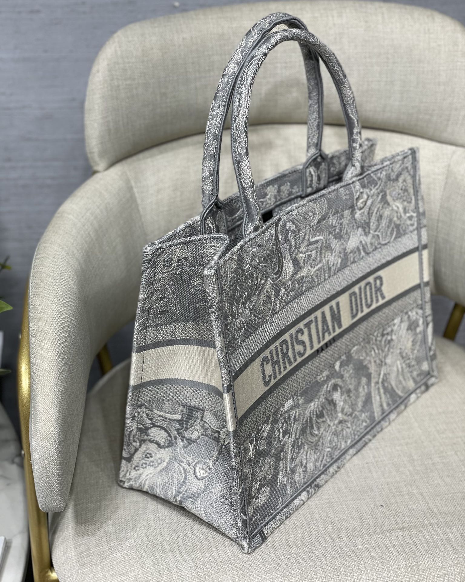 Dior Small Book Tote Bag in Grey Tiger Embroidery - Image 4