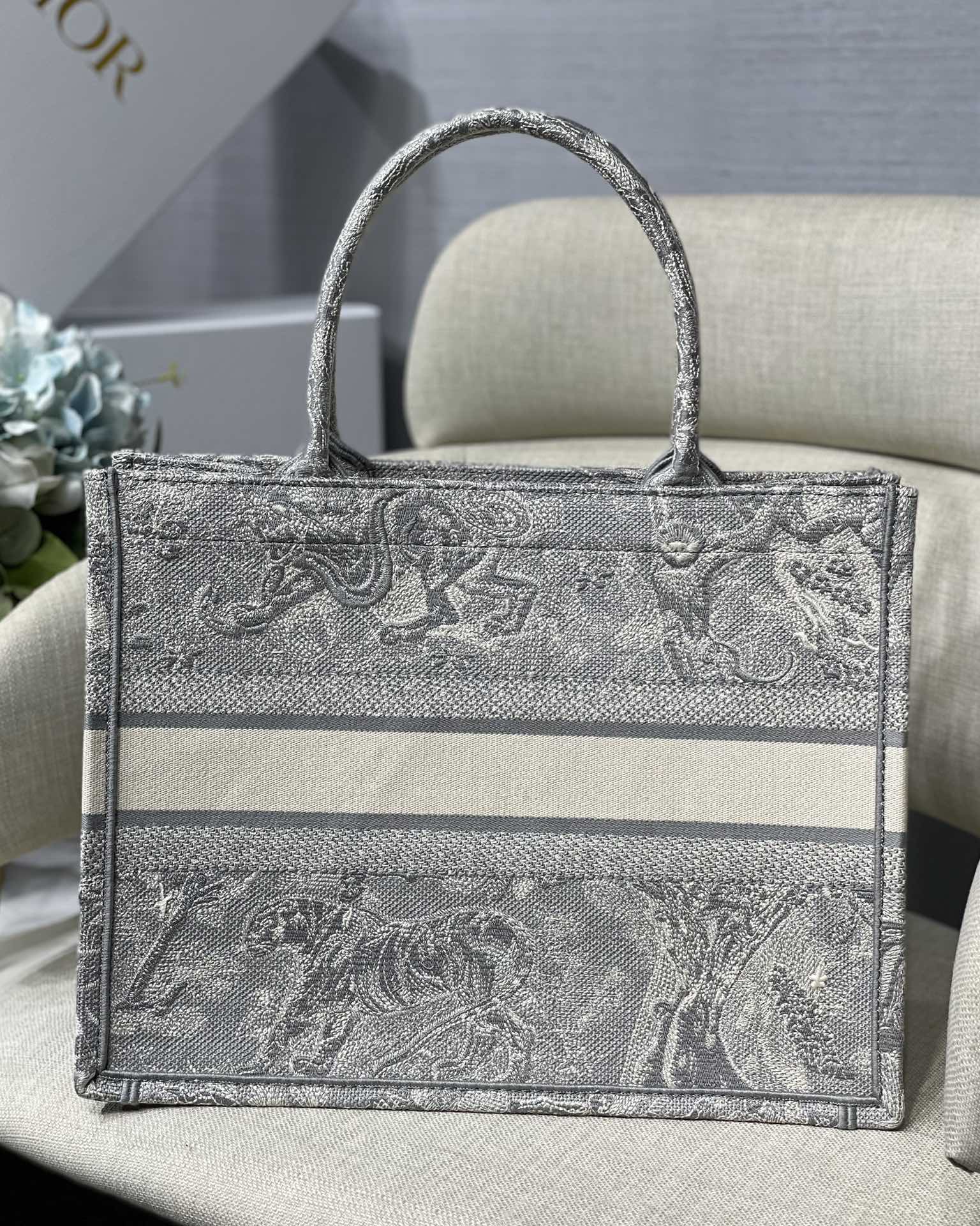 Dior Small Book Tote Bag in Grey Tiger Embroidery - Image 3
