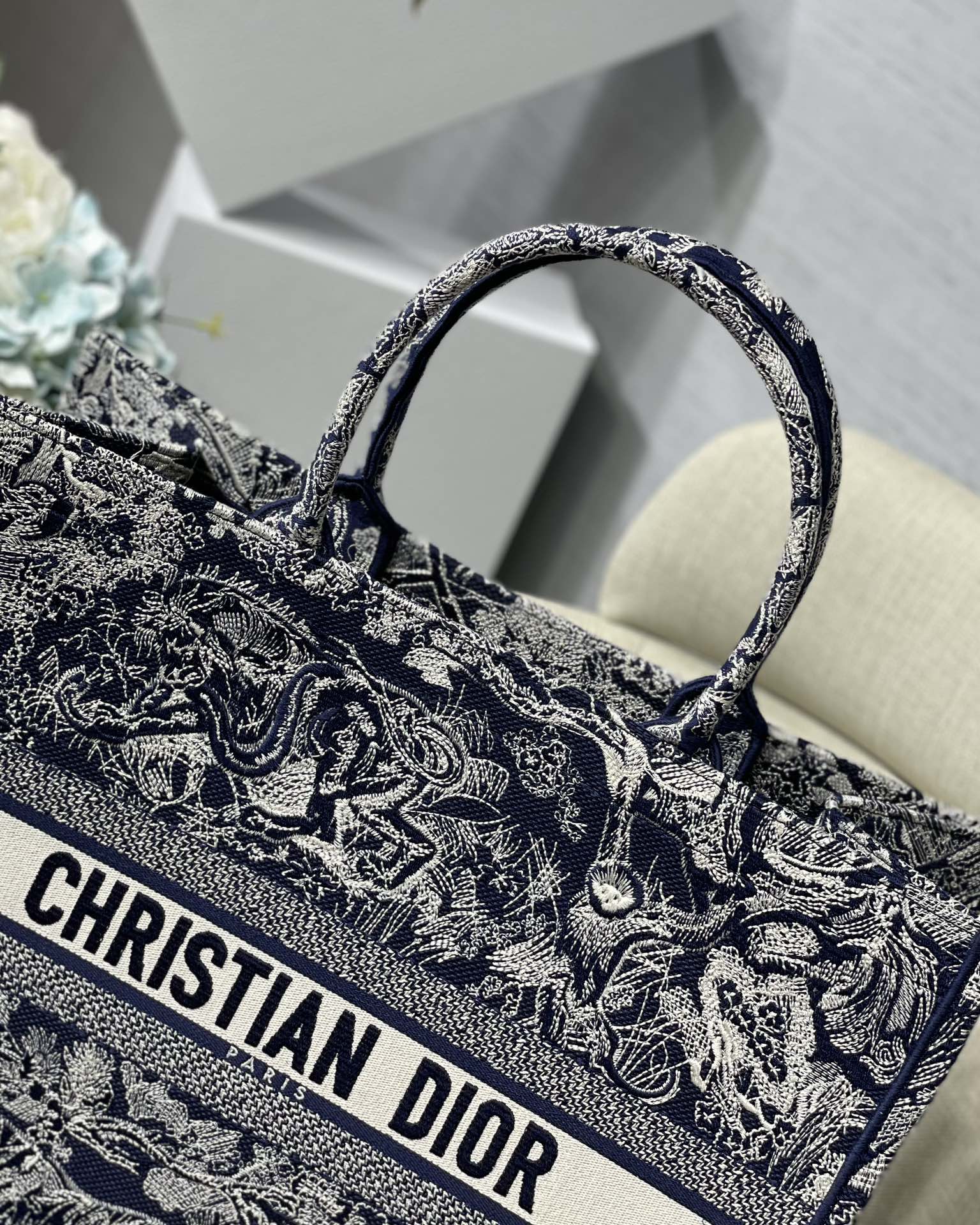 Dior Large Book Tote Bag in Dark Blue Embroidery - Image 6