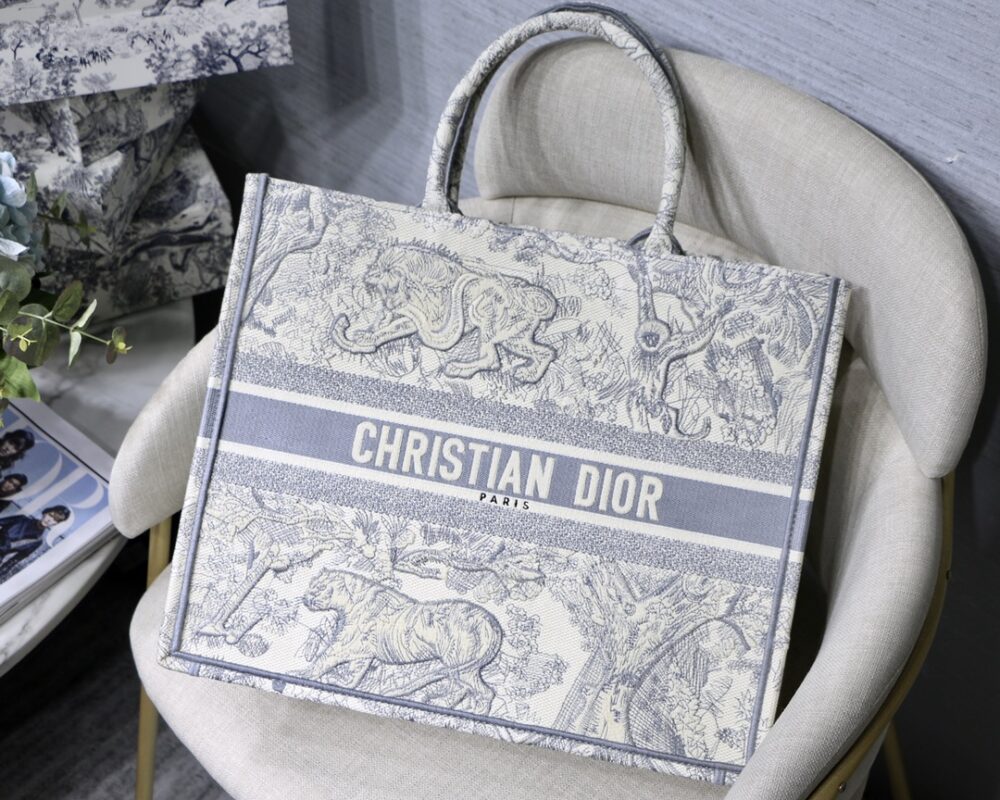 Dior Large Book Tote Bag in Grey Tiger Embroidery