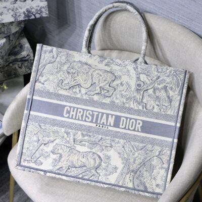 Dior Large Book Tote Bag in Grey Tiger Embroidery