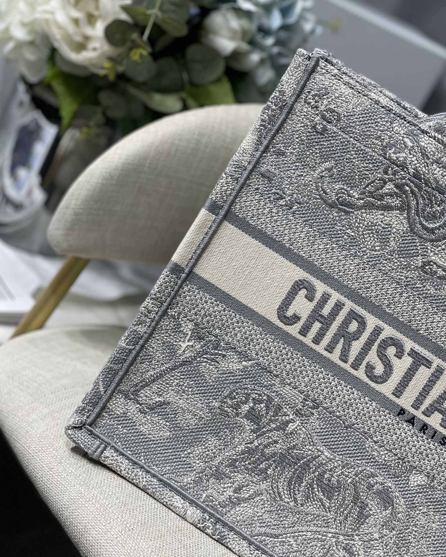 Dior Small Book Tote Bag in Grey Tiger Embroidery - Image 10