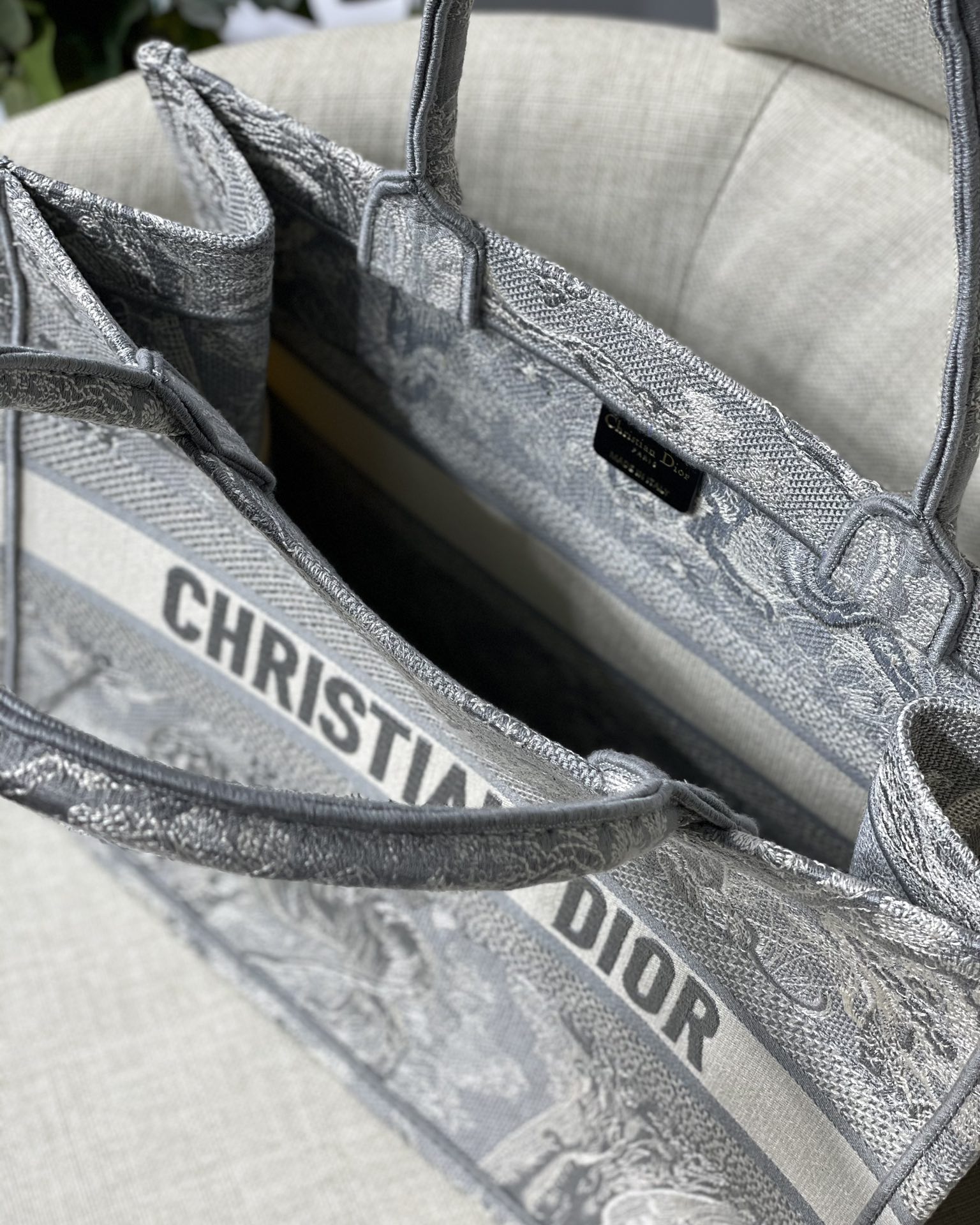 Dior Small Book Tote Bag in Grey Tiger Embroidery - Image 5
