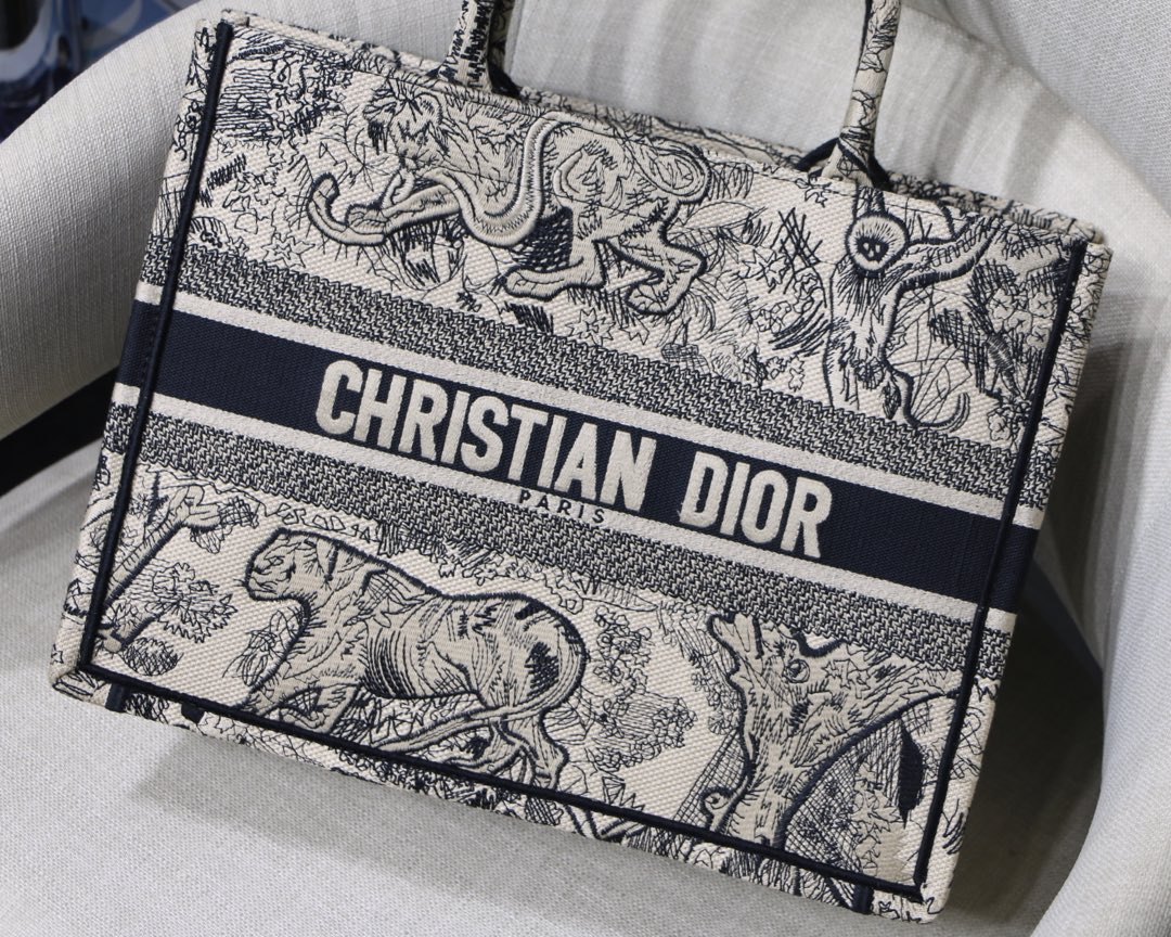 Dior Small Book Tote Bag in Black&White Tiger Embroidery - Image 3