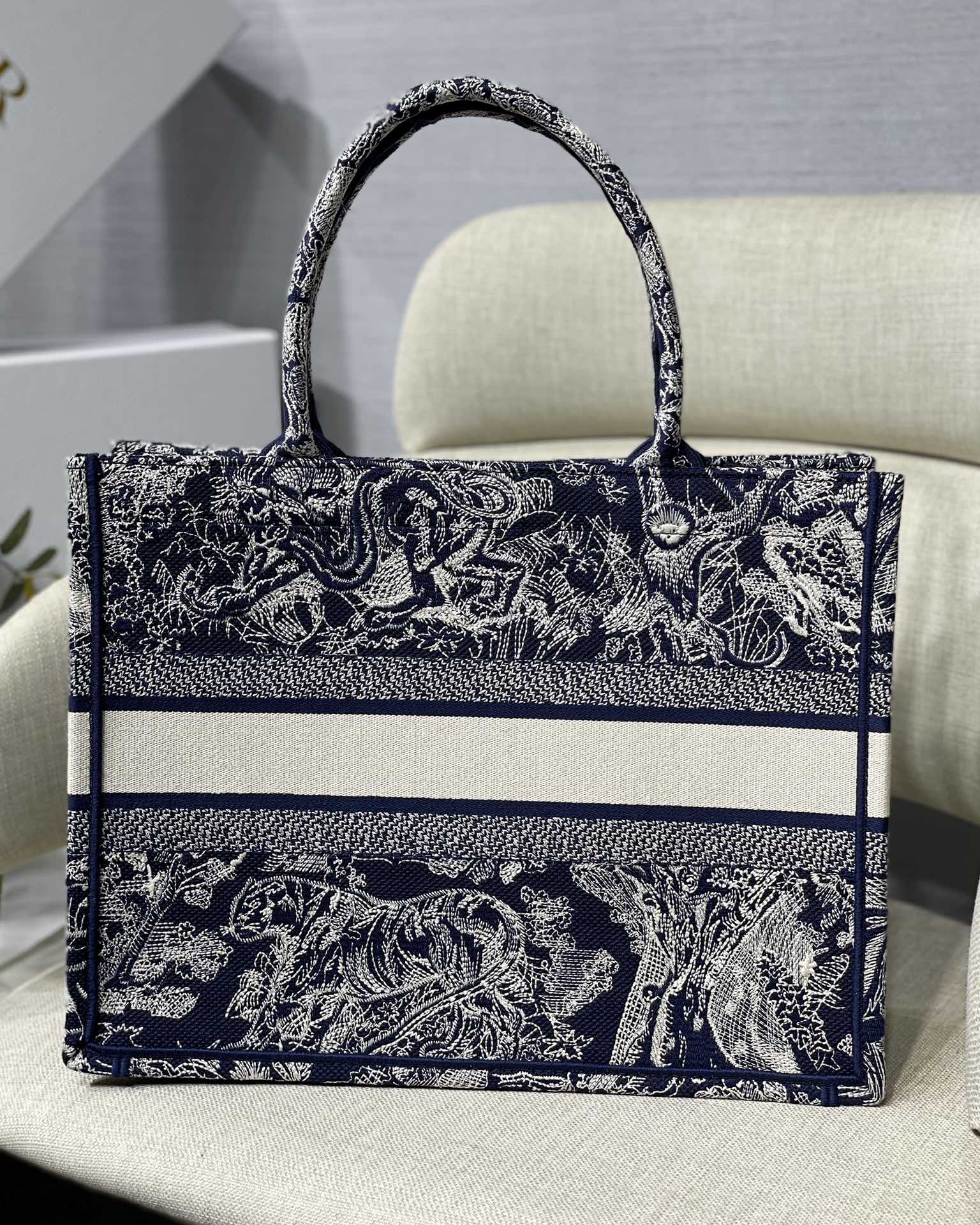 Dior Small Book Tote Bag in Dark Blue Tiger Embroidery - Image 3