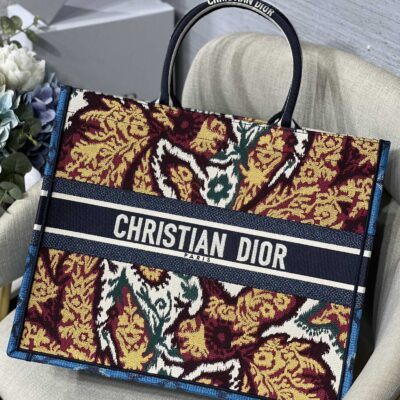 Dior Large Book Tote Stripe Bag in Blue Maple Leaf Embroidery