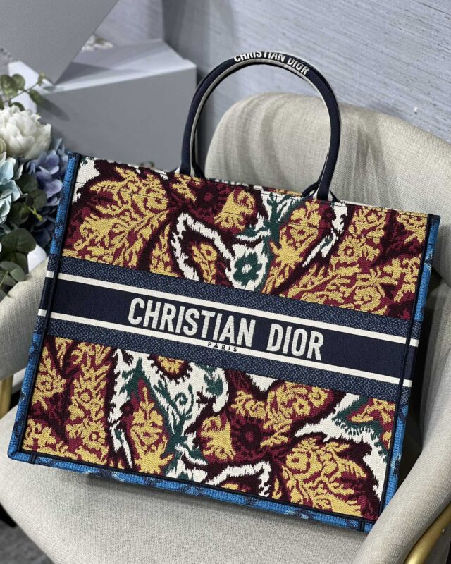 Dior Large Book Tote Stripe Bag in Blue Maple Leaf Embroidery