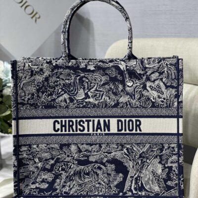 Dior Large Book Tote Bag in Dark Blue Embroidery
