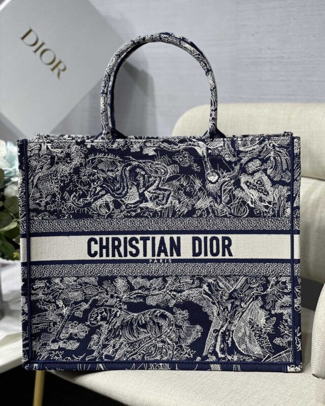 Dior Large Book Tote Bag in Dark Blue Embroidery