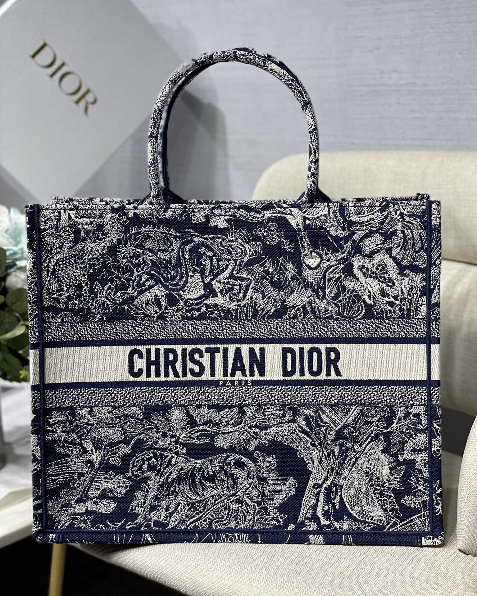 Dior Large Book Tote Bag in Dark Blue Embroidery