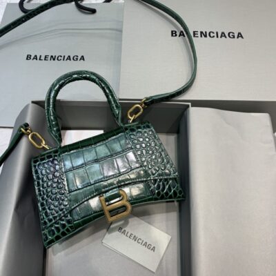 Balenciaga Mini Hourglass Bag in Dark Green Crocodile Pattern