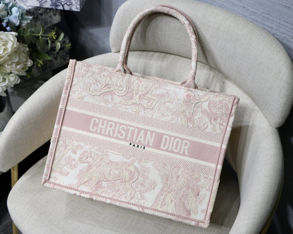 Dior Small Book Tote Bag in Pink Tiger Embroidery