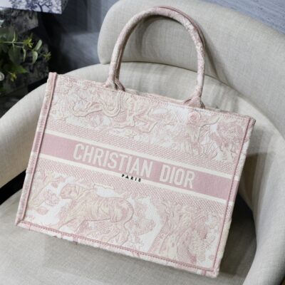 Dior Small Book Tote Bag in Pink Tiger Embroidery