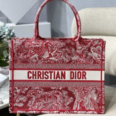 Dior Small Book Tote Bag in Red Tiger Embroidery
