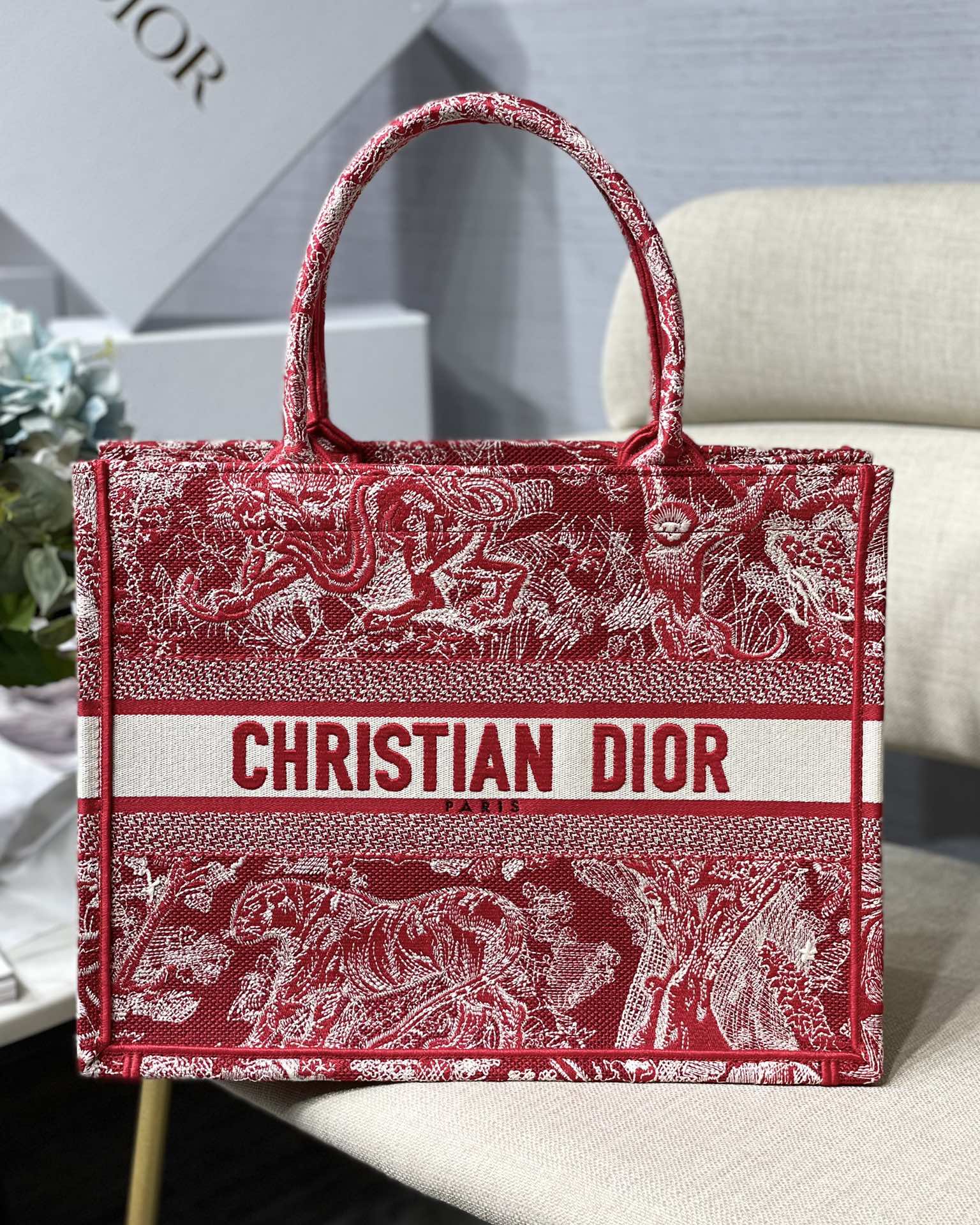 Dior Small Book Tote Bag in Red Tiger Embroidery