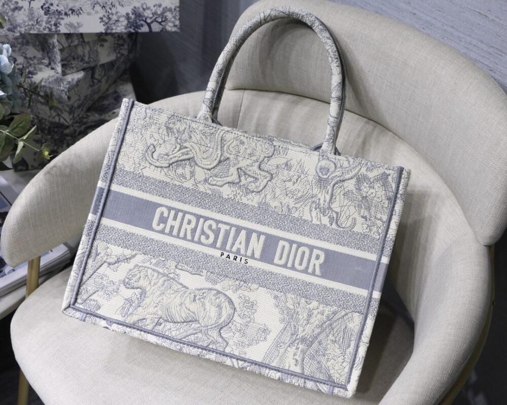 Dior Small Book Tote Bag in Grey Tiger Embroidery
