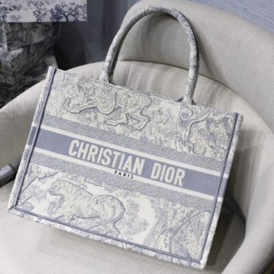 Dior Small Book Tote Bag in Grey Tiger Embroidery