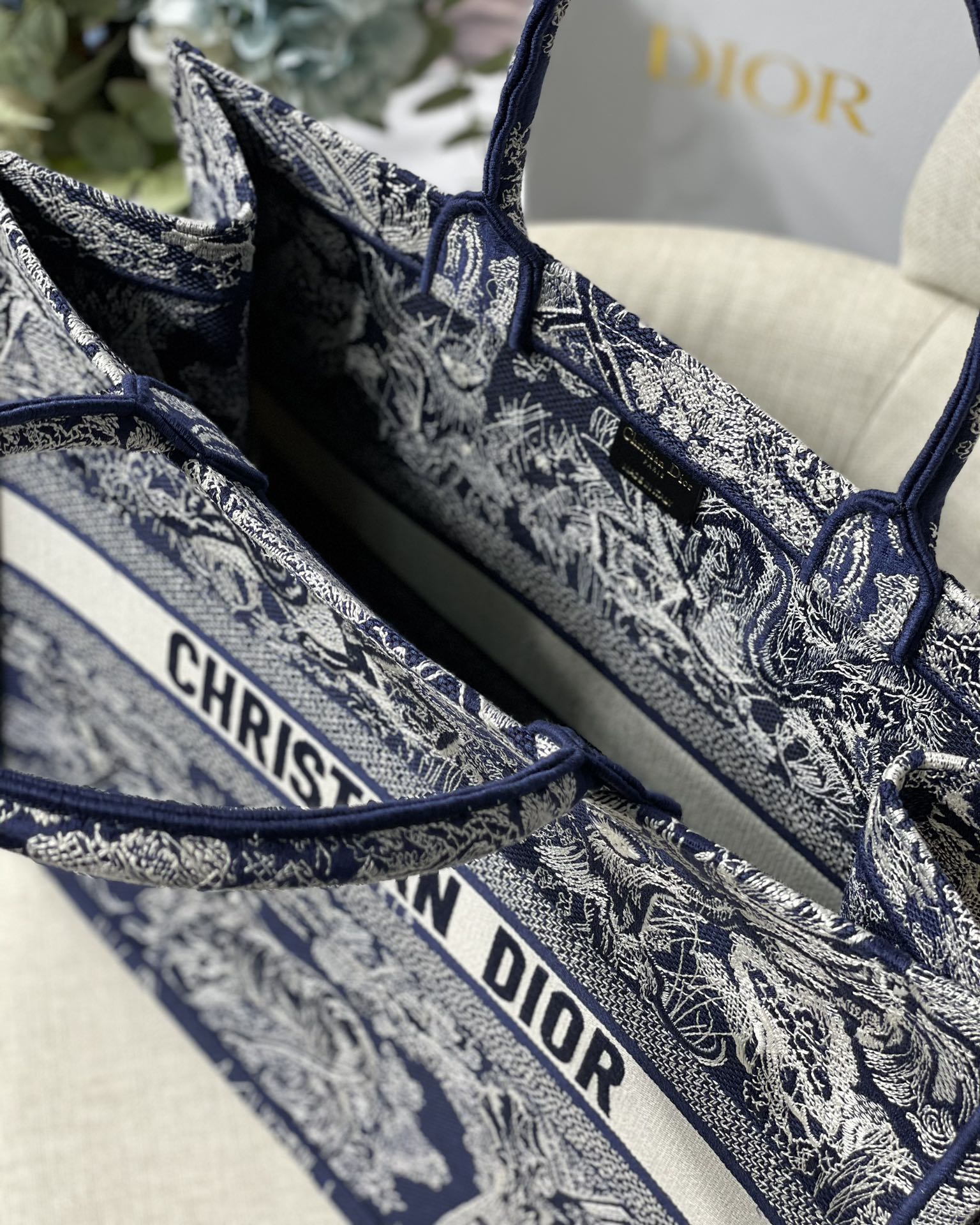 Dior Large Book Tote Bag in Dark Blue Embroidery - Image 7