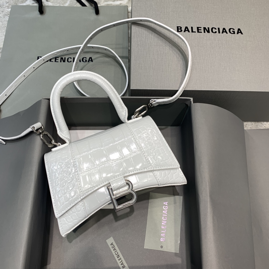 Balenciaga Mini Hourglass Bag in White Crocodile Pattern
