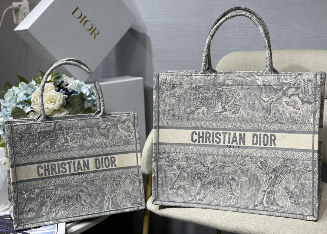 Dior Small Book Tote Bag in Grey Tiger Embroidery - Image 11
