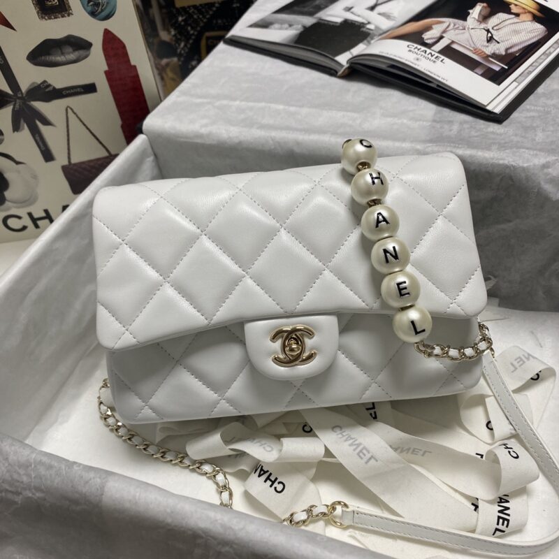 Chanel Pearl Chain Small Flap Bag in White