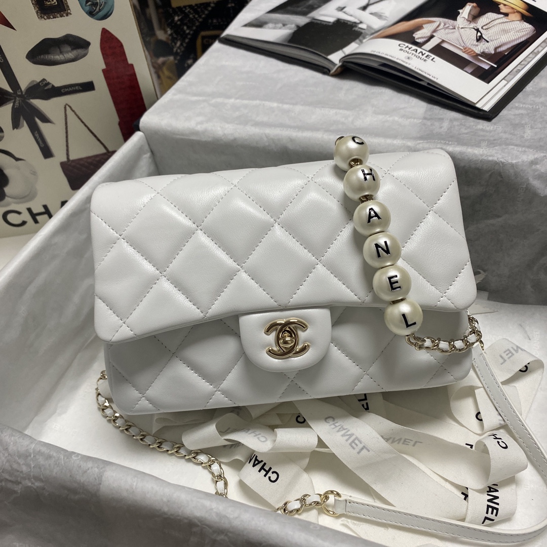 Chanel Pearl Chain Small Flap Bag in White