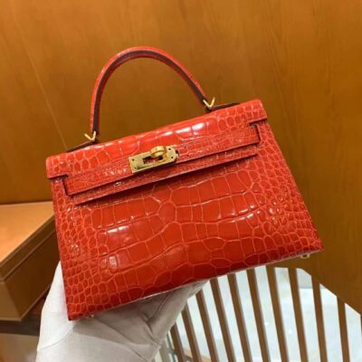Mini Kelly Shiny Alligator Leather in Ferrari Red