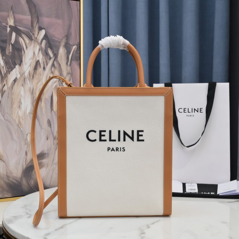 Celine Cabas Tote Bag in White Canvas & Brown Calfskin