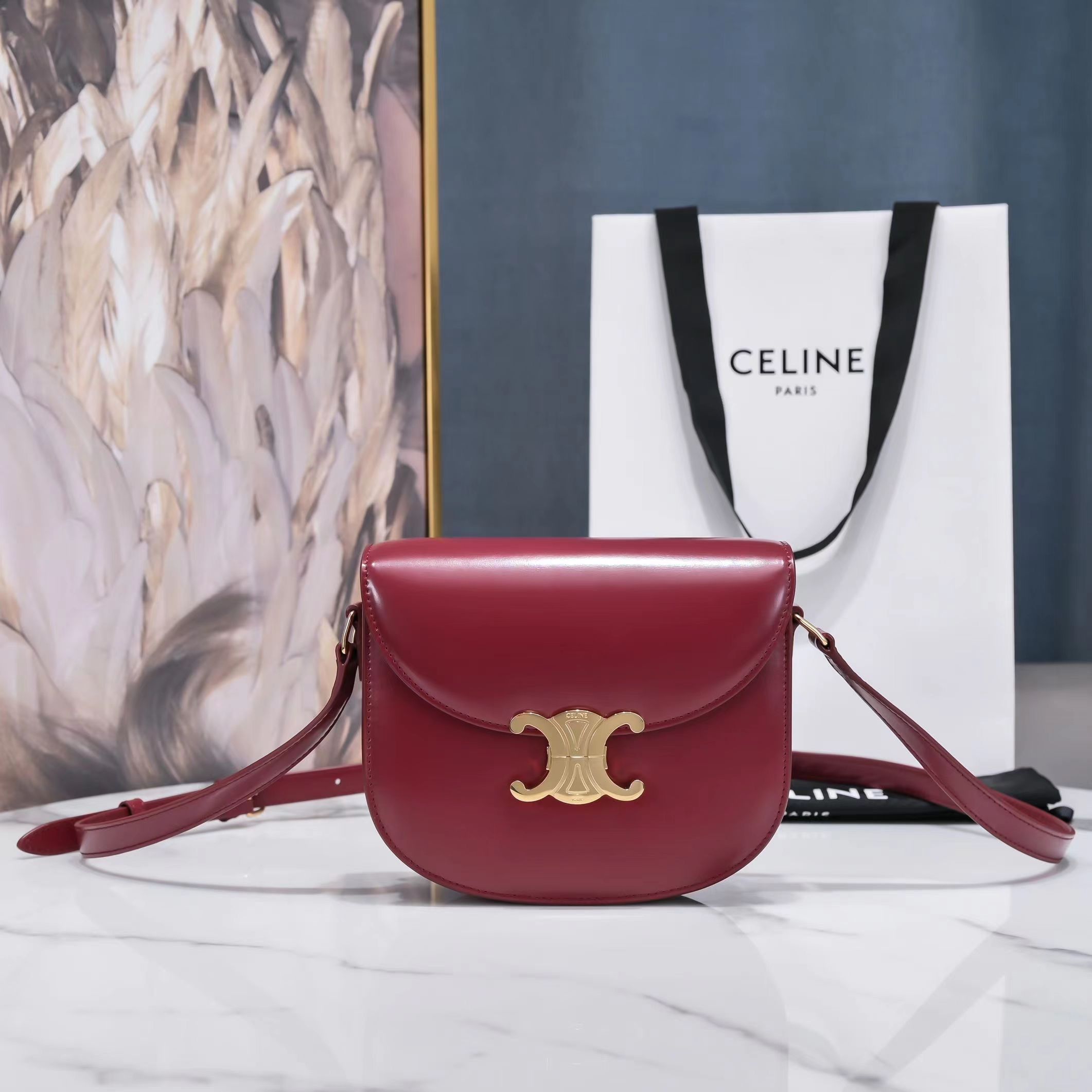 Celine Arc de Triomphe Saddle Bag in Wine Red Calfskin