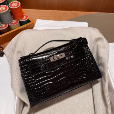 Kelly Pochette Shiny Alligator Noir