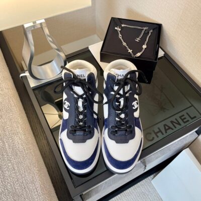 Chanel White Sneakers with Blue Details