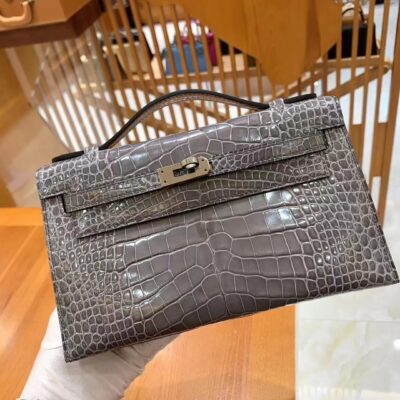 Kelly Pochette Crocodile Asphalt Grey