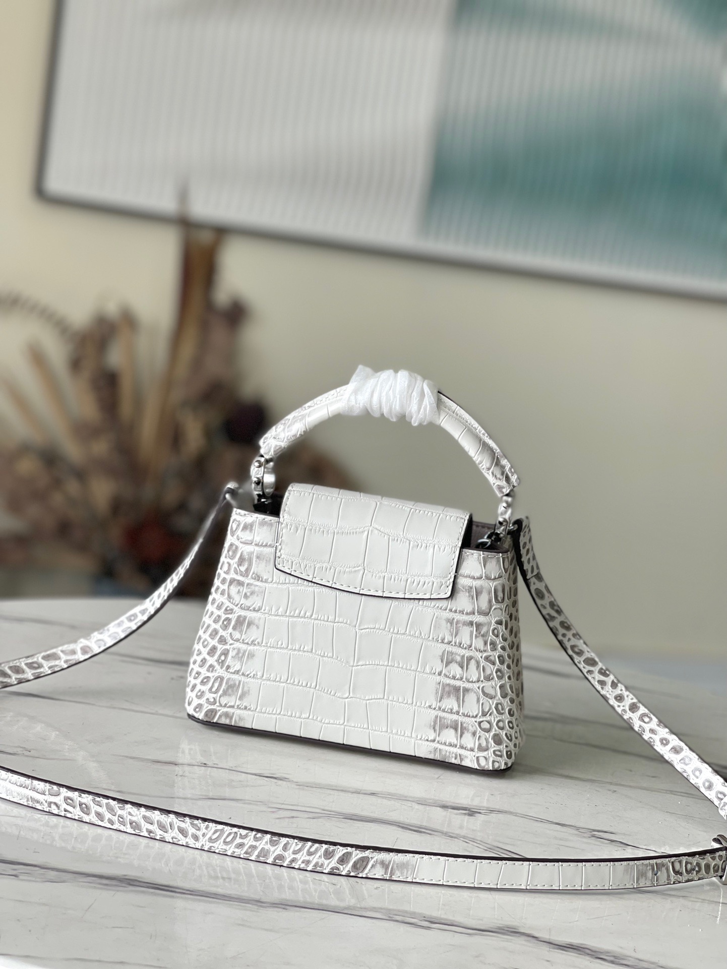 Louis Vuitton Capucines Mini Handbag in White Crocodile Pattern - Image 3
