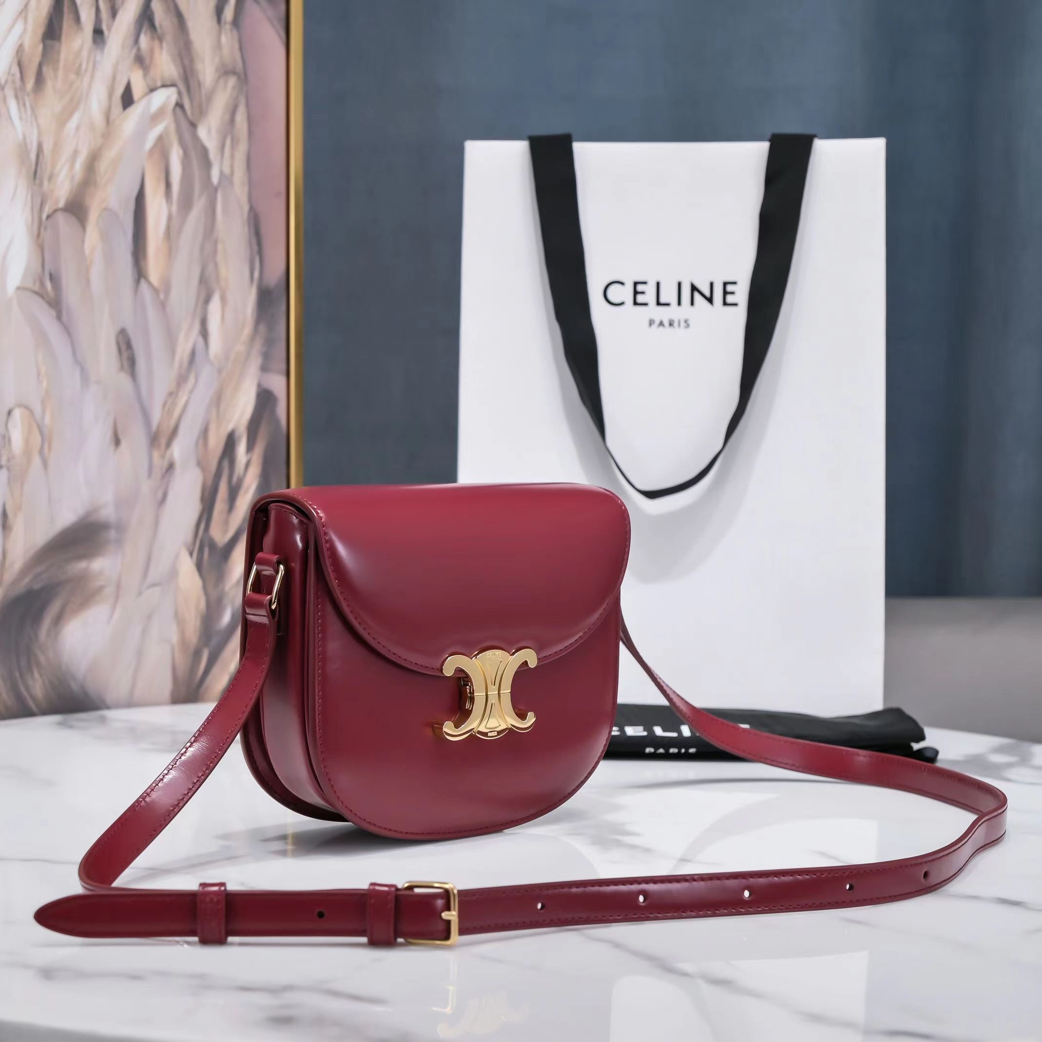 Celine Arc de Triomphe Saddle Bag in Wine Red Calfskin - Image 4