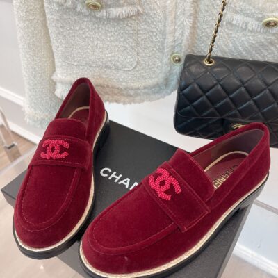 Chanel Red Velvet Loafers