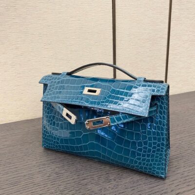 Kelly Pochette Shiny Alligator Bleu Izmir