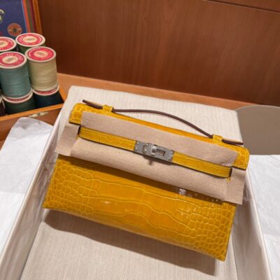 Kelly Pochette Shiny Alligator Jaune Ambre
