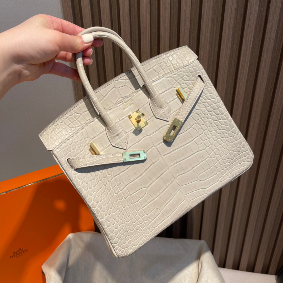 fb638e_7d774d91497542cdbe9be415bf59293dmv2.jpg Birkin 25 Matte Alligator Glacier White - Image 1