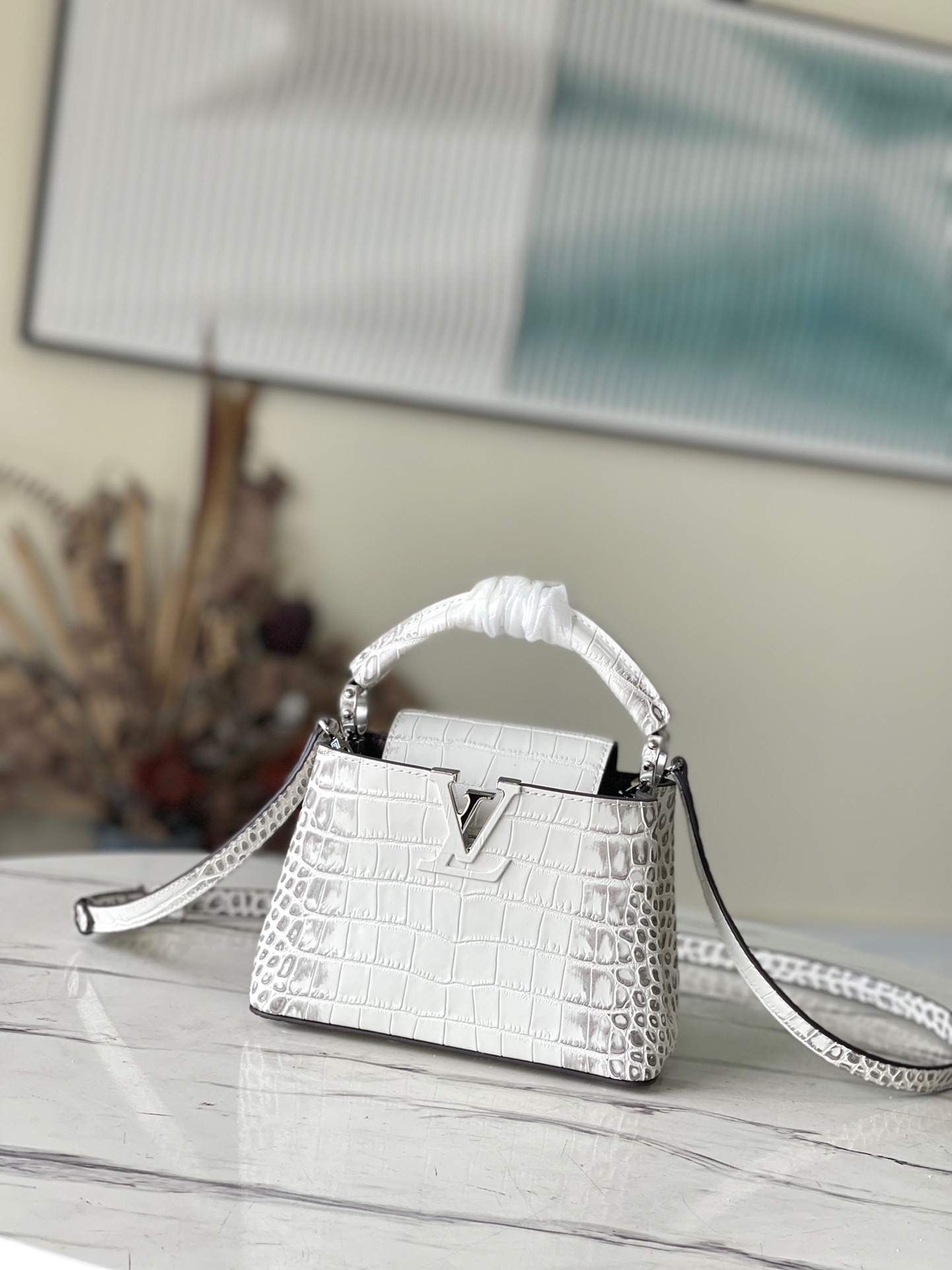 Louis Vuitton Capucines Mini Handbag in White Crocodile Pattern