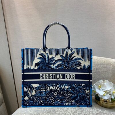 Dior Large Book Tote Bag in Blue Coconut Tree