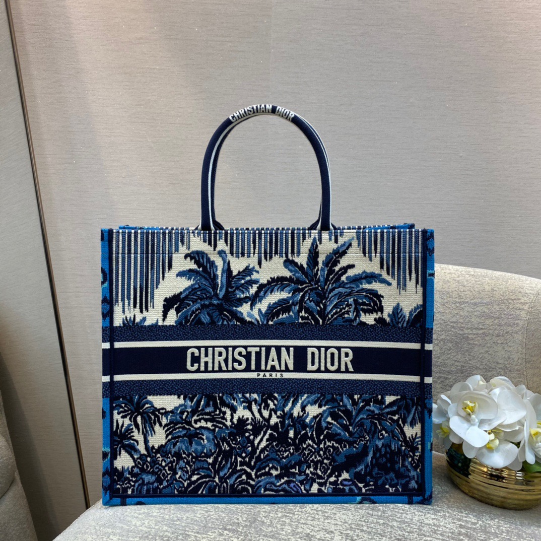 Dior Large Book Tote Bag in Blue Coconut Tree