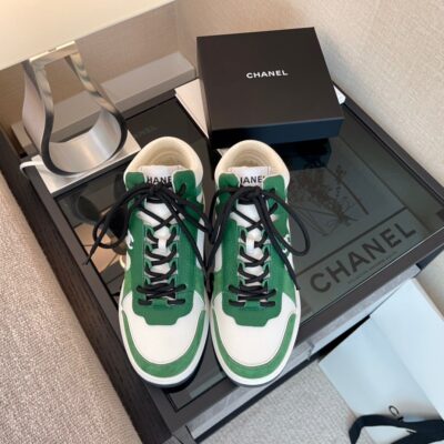 Chanel White Sneakers with Green Details