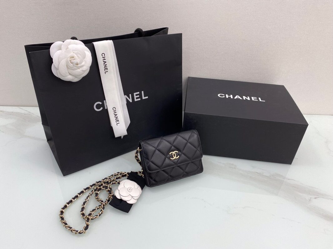 Chanel Camellia Bow Chain WOC Bag in Black