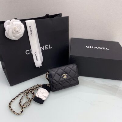 Chanel Camellia Bow Chain WOC Bag in Black